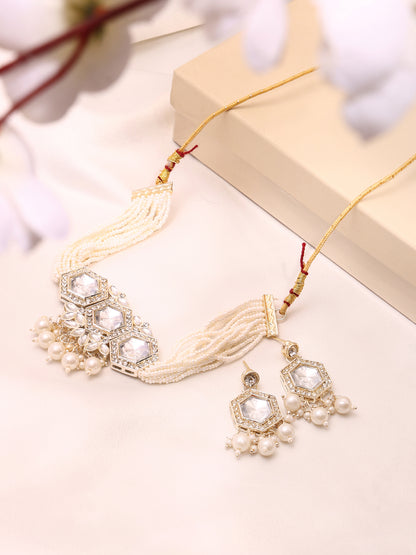Pearl Strand & White Kundan Hexa Statement Jewellery Set