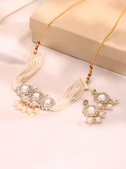 Pearl Strand & White Kundan Hexa Statement Jewellery Set