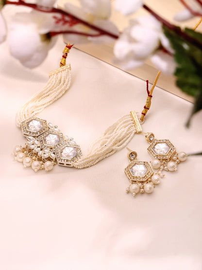 Pearl Strand & White Kundan Hexa Statement Jewellery Set