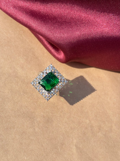 Emerald Radiance Square Halo Adjustable Ring