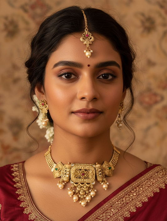 Antique Gold Temple Jewellery Set with Pearl Drops & Floral Motifs