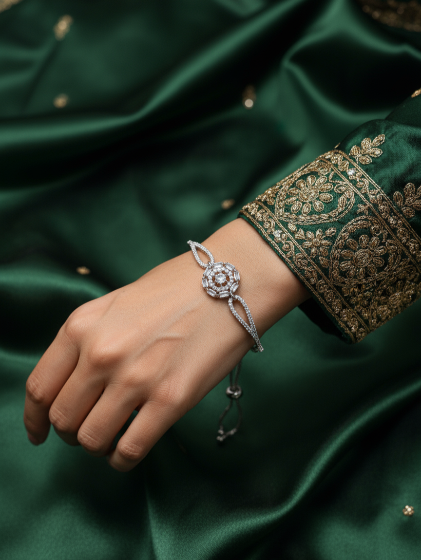 Silver Cubic Zirconia Adjustable Bracelet with Octagonal Floral Centerpiece