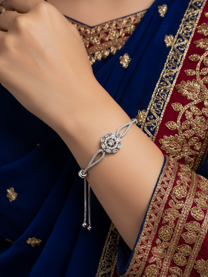 Silver Cubic Zirconia Adjustable Bracelet with Octagonal Floral Centerpiece