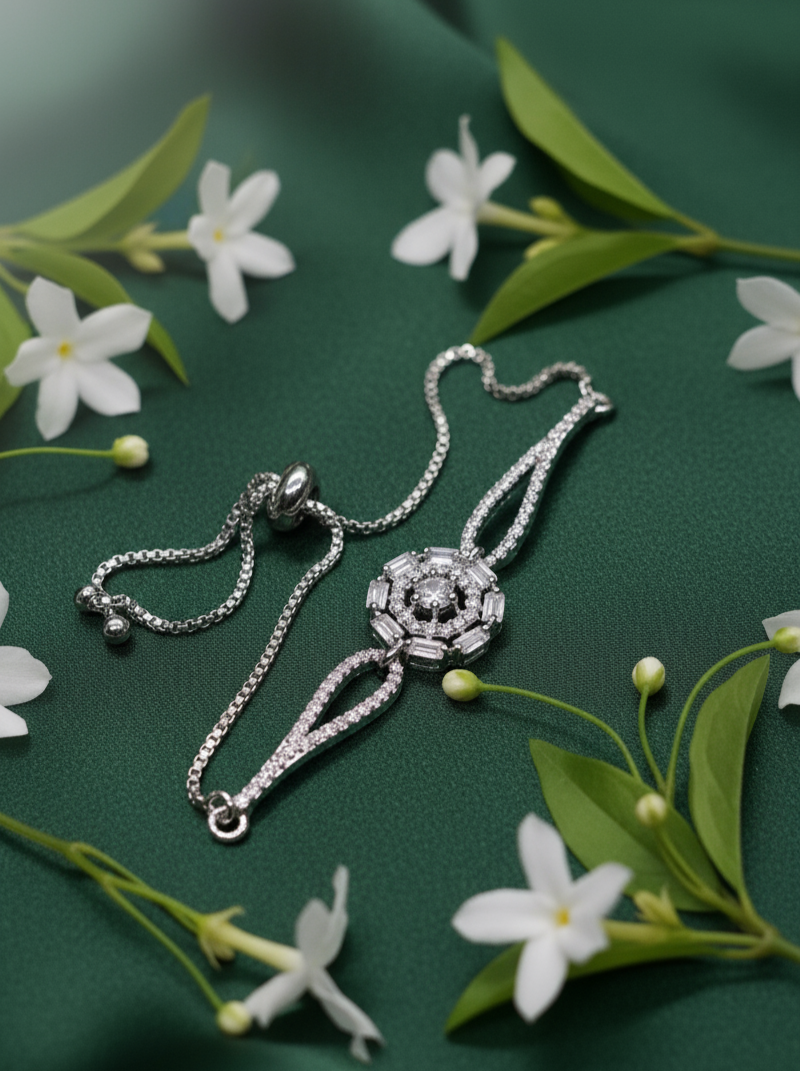 Silver Cubic Zirconia Adjustable Bracelet with Octagonal Floral Centerpiece