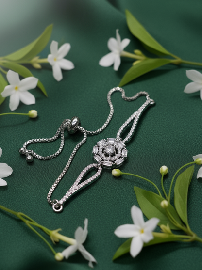 Silver Cubic Zirconia Adjustable Bracelet with Octagonal Floral Centerpiece