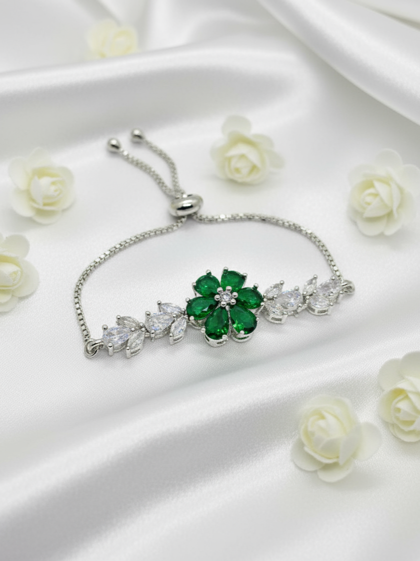Emerald Bloom Adjustable Silver Bracelet with Cubic Zirconia Leaves