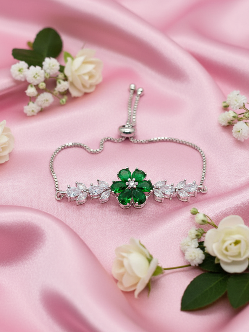 Emerald Bloom Adjustable Silver Bracelet with Cubic Zirconia Leaves