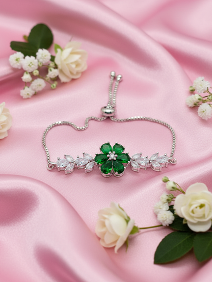 Emerald Bloom Adjustable Silver Bracelet with Cubic Zirconia Leaves
