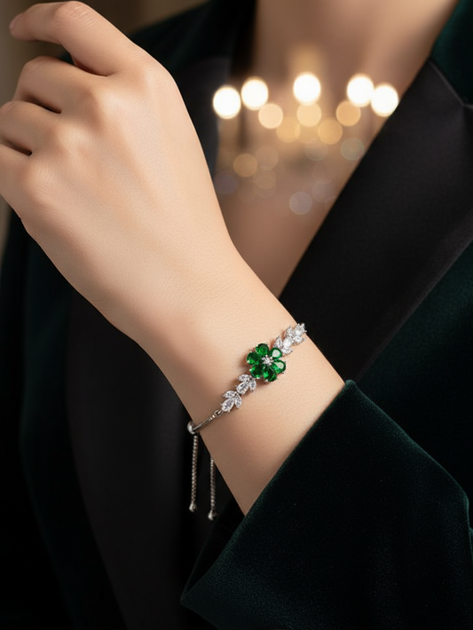 Emerald Bloom Adjustable Silver Bracelet with Cubic Zirconia Leaves