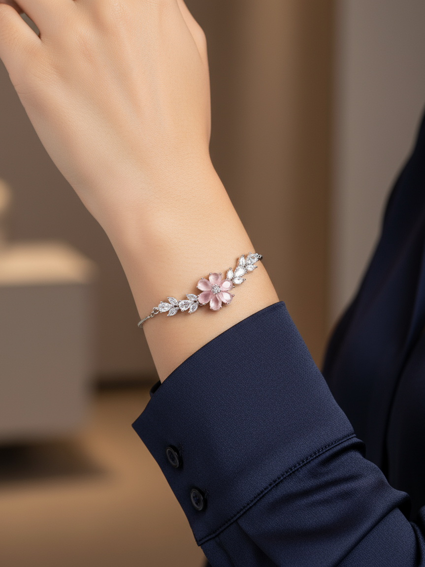 Pink Floral Crystal Adjustable Bracelet