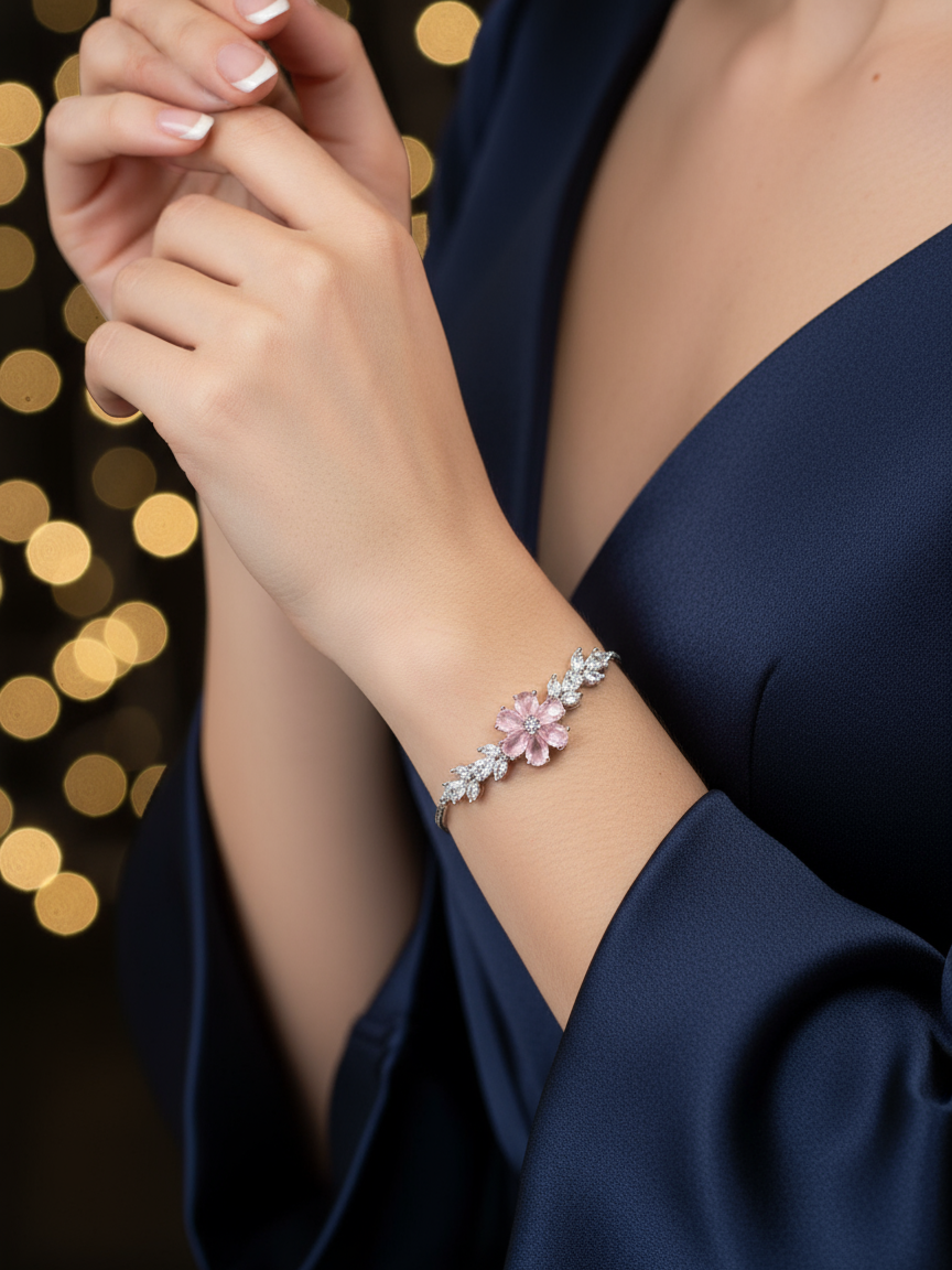 Pink Floral Crystal Adjustable Bracelet