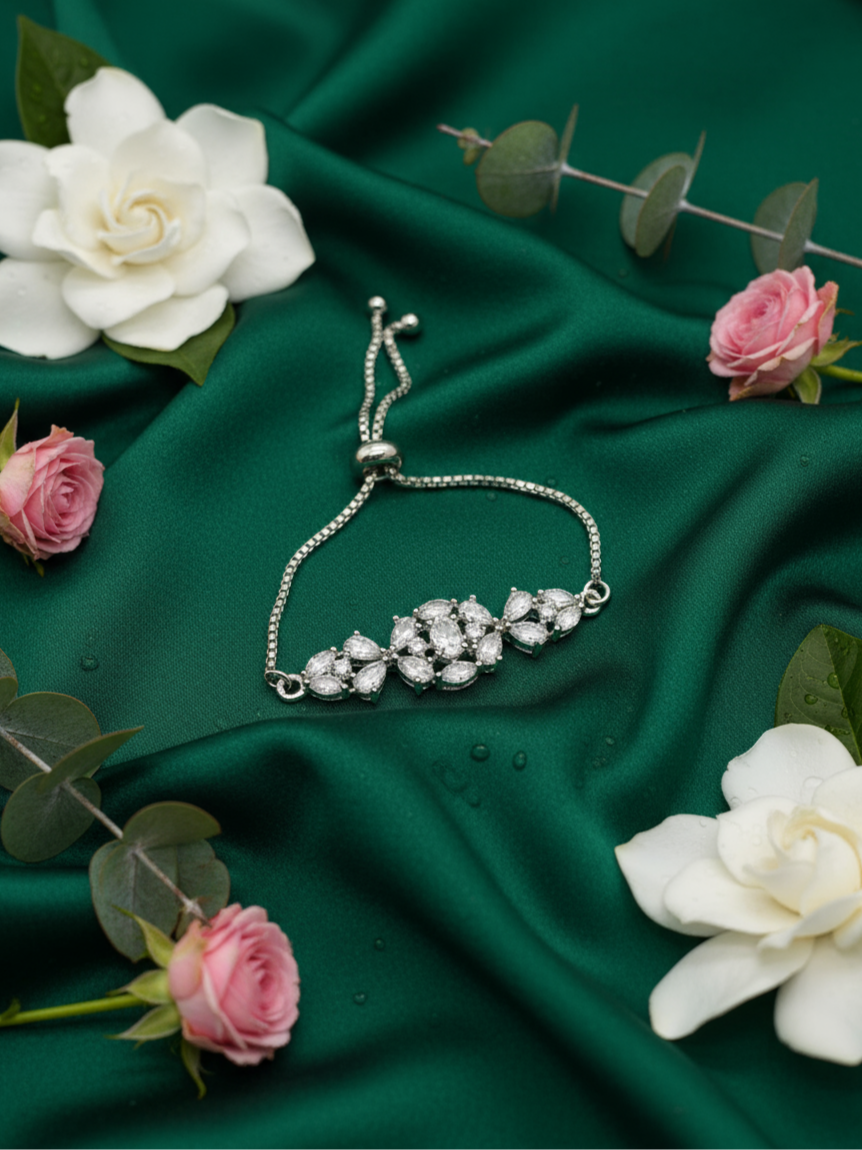 Crystal Bloom Adjustable Silver-Toned Bracelet