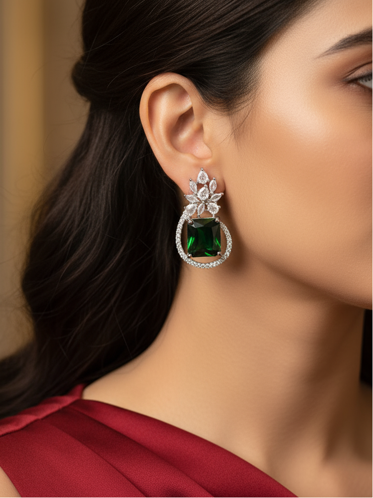Emerald Hoop Floral Earrings