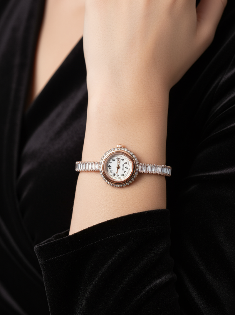 Close-up of a wrist wearing a silver bracelet with a watch face on a black background
