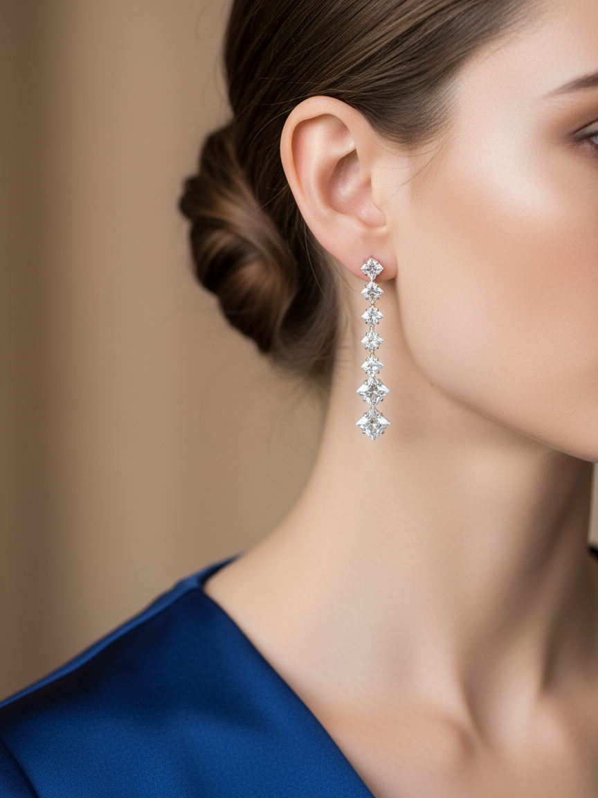 Close-up of a woman wearing a pair of diamond earrings with a blurred background