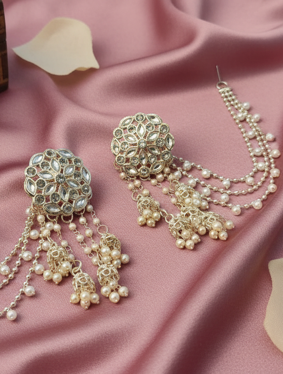 Jewelry set with necklace and earrings on a pink fabric background