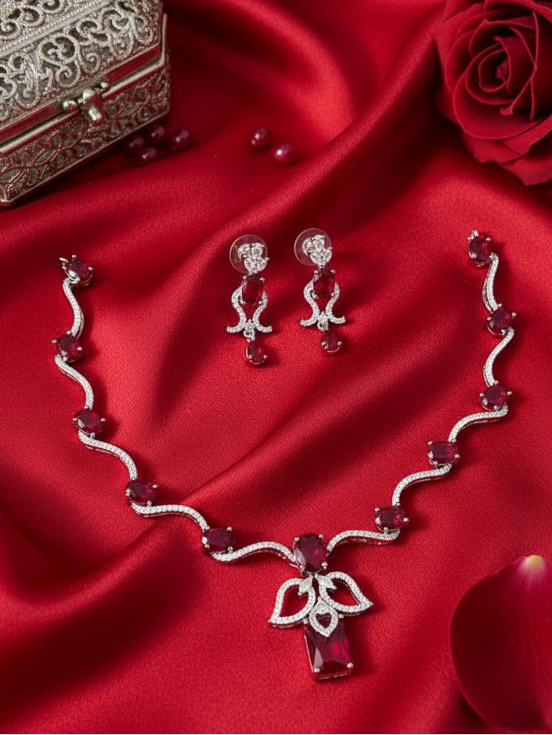 Ruby Ribbon Wave Necklace & Earrings Set