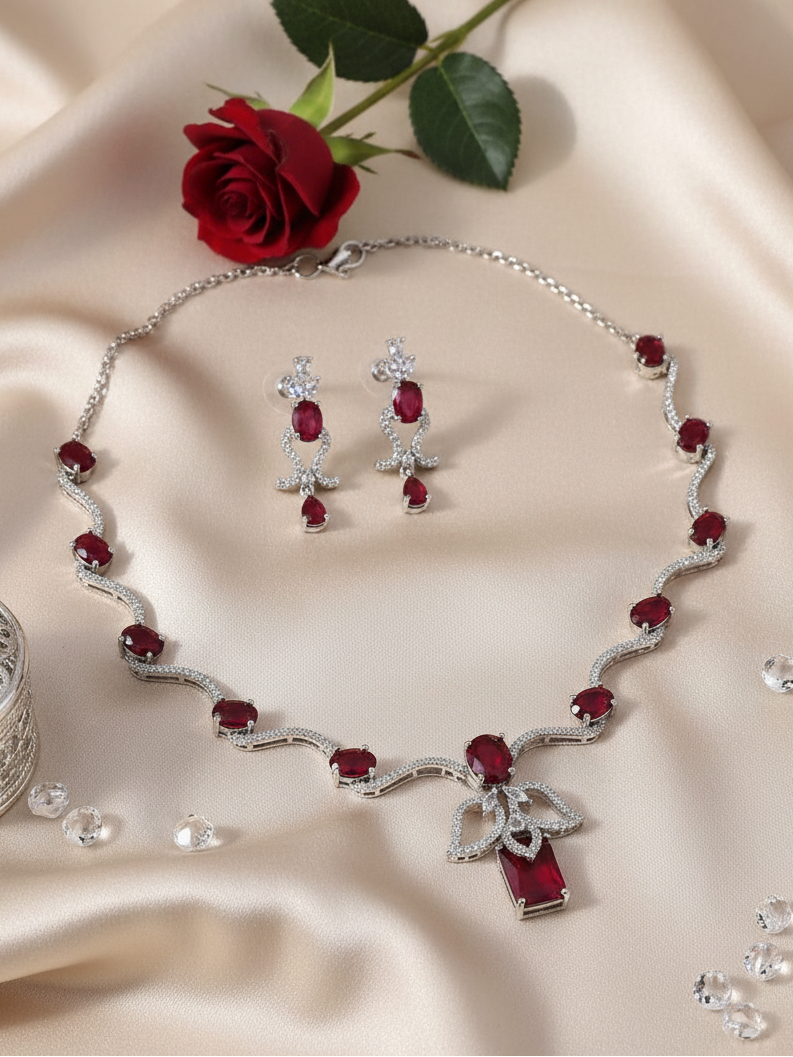 Ruby Ribbon Wave Necklace & Earrings Set