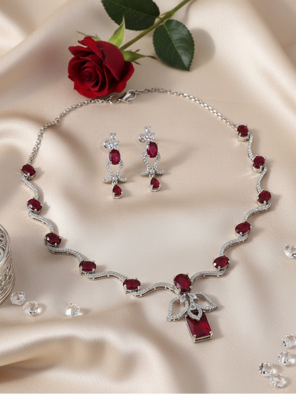 Ruby Ribbon Wave Necklace & Earrings Set
