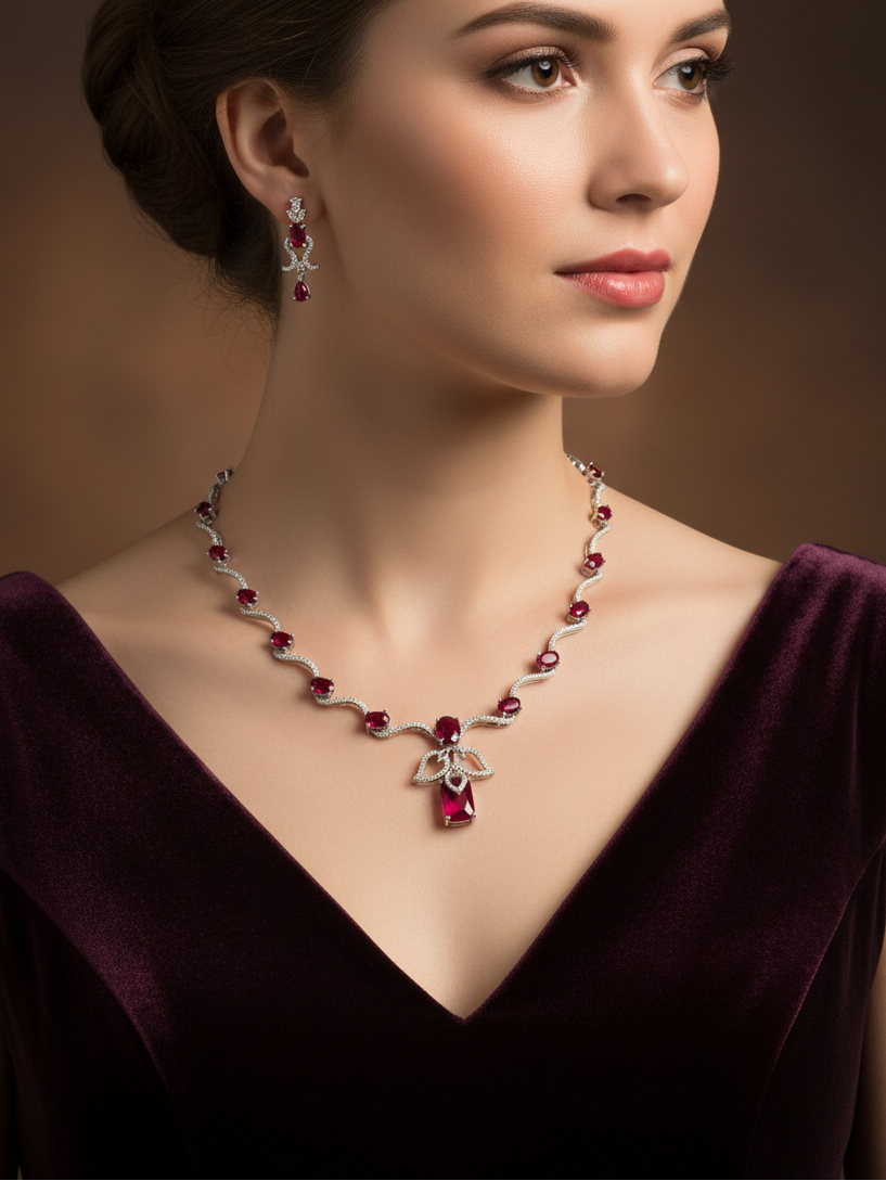 Ruby Ribbon Wave Necklace & Earrings Set