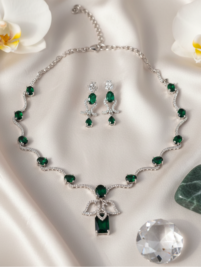 Emerald Cascade Wave Necklace & Earrings Set