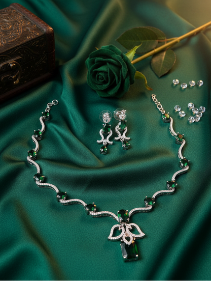 Emerald Cascade Wave Necklace & Earrings Set