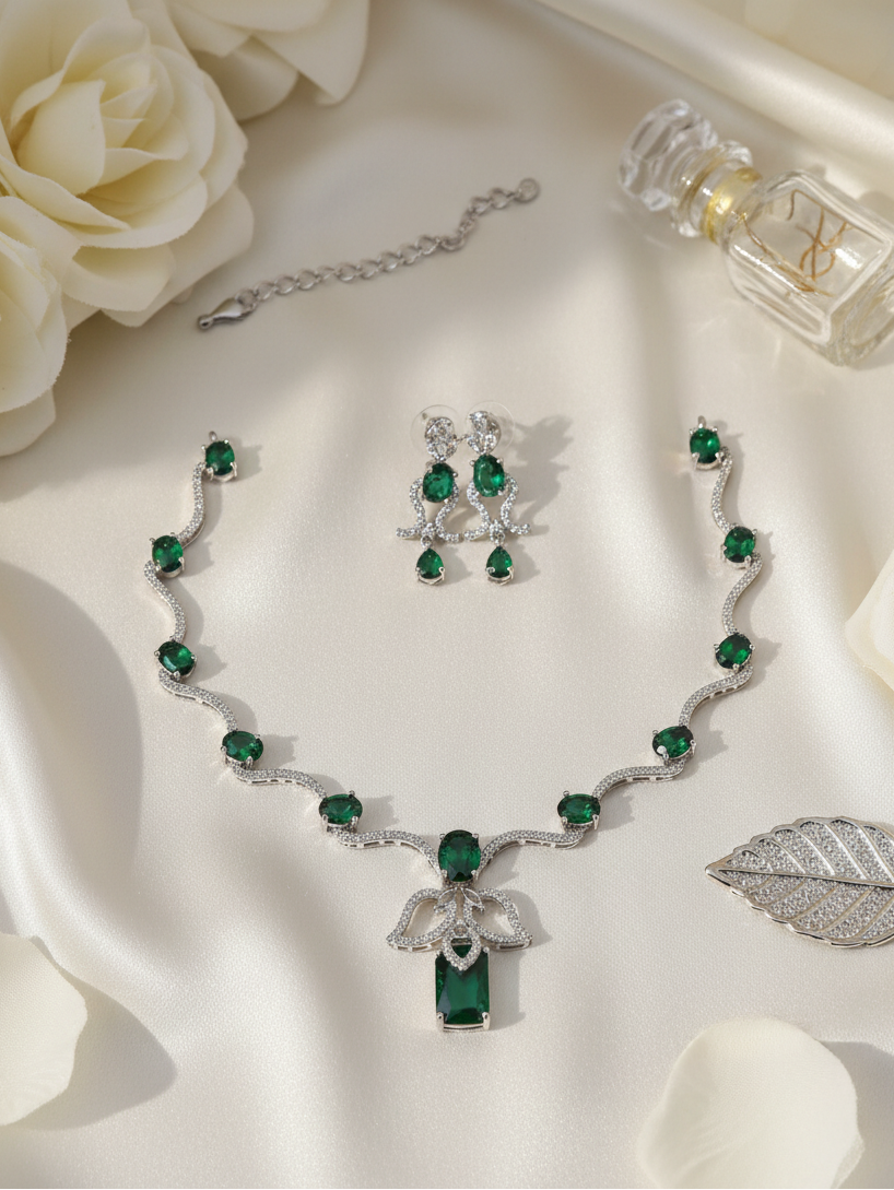 Emerald Cascade Wave Necklace & Earrings Set