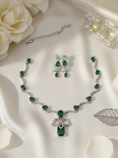 Emerald Cascade Wave Necklace & Earrings Set