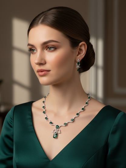 Emerald Cascade Wave Necklace & Earrings Set