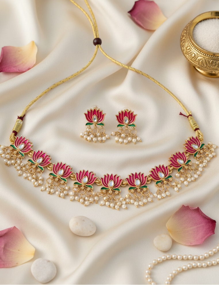 Lotus Pearl Choker Necklace & Earrings Set