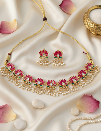 Lotus Pearl Choker Necklace & Earrings Set