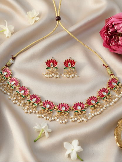 Lotus Pearl Choker Necklace & Earrings Set