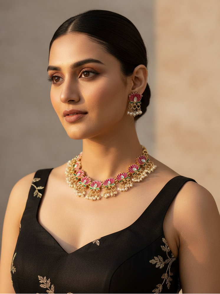 Lotus Pearl Choker Necklace & Earrings Set
