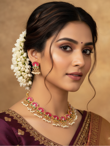 Lotus Pearl Choker Necklace & Earrings Set