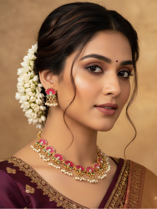 Lotus Pearl Choker Necklace & Earrings Set