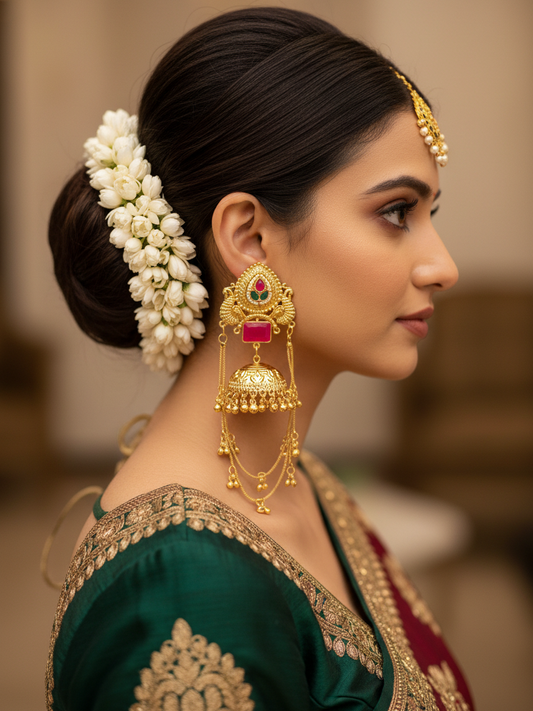 Peacock Jhumka with Ear Chain Earrings