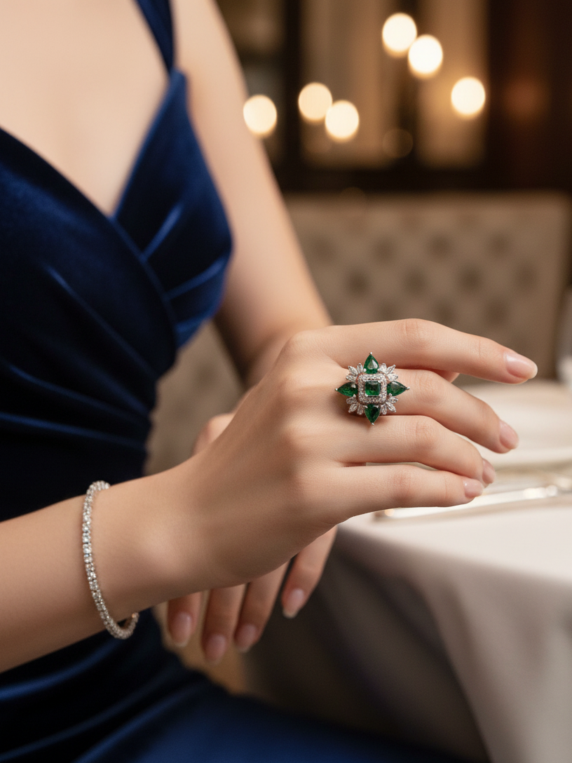 Emerald Starburst Cocktail Ring