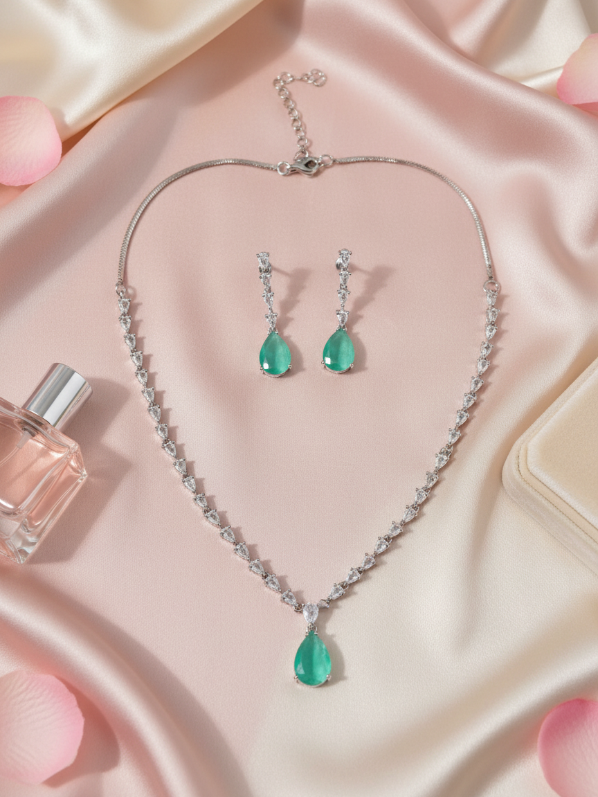 Emerald Teardrop Marquise Necklace & Earrings Set