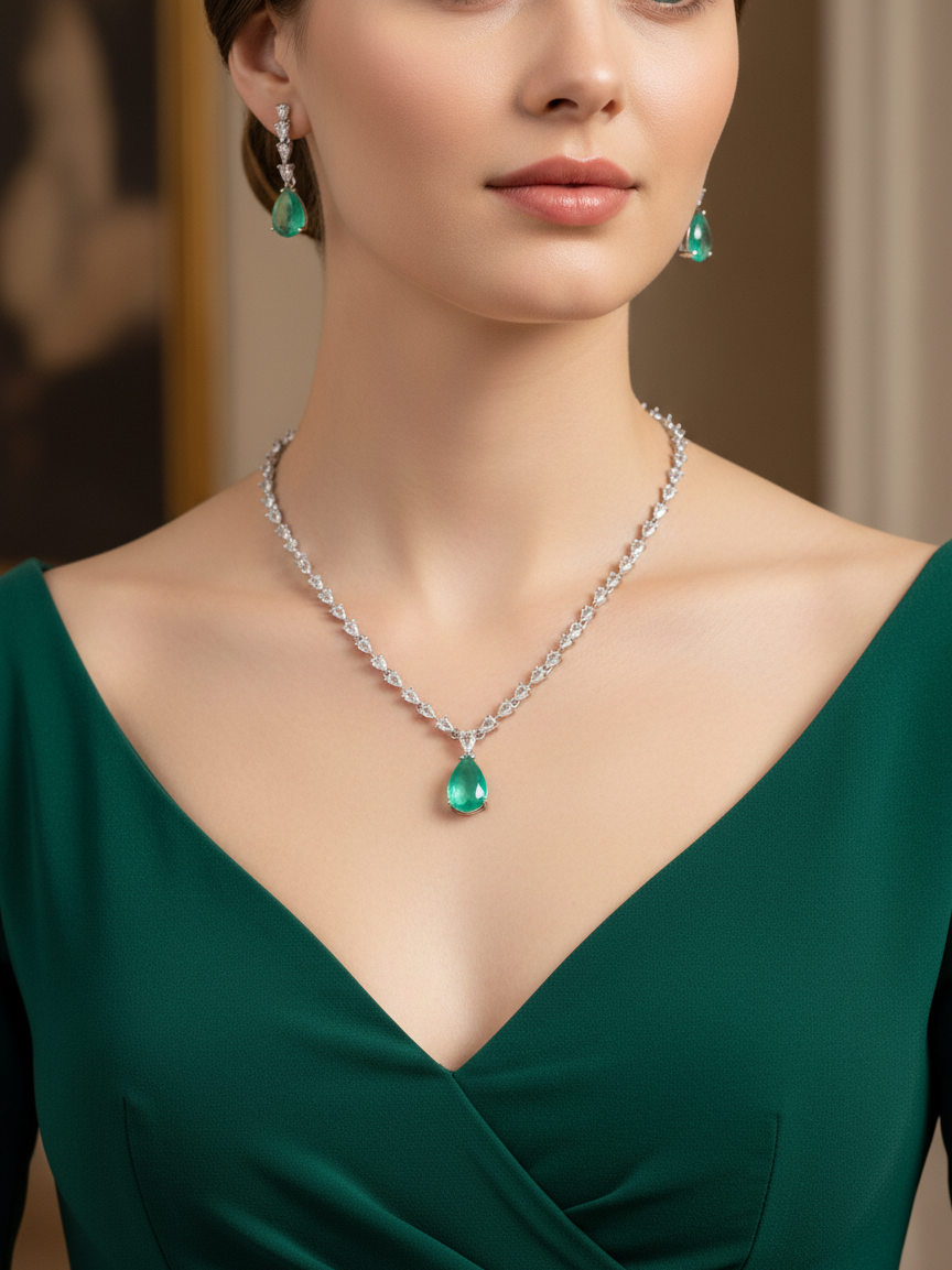Emerald Teardrop Marquise Necklace & Earrings Set