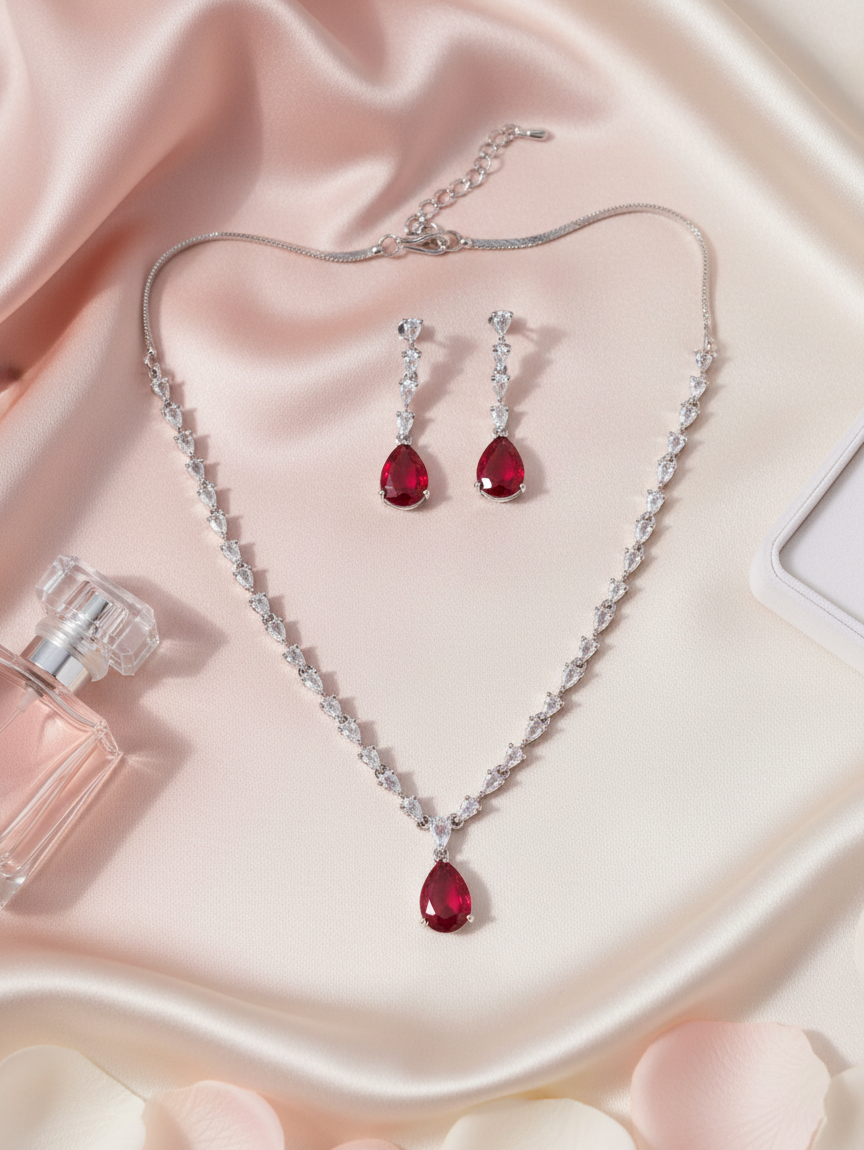 Ruby Teardrop Crystal Necklace & Earrings Set