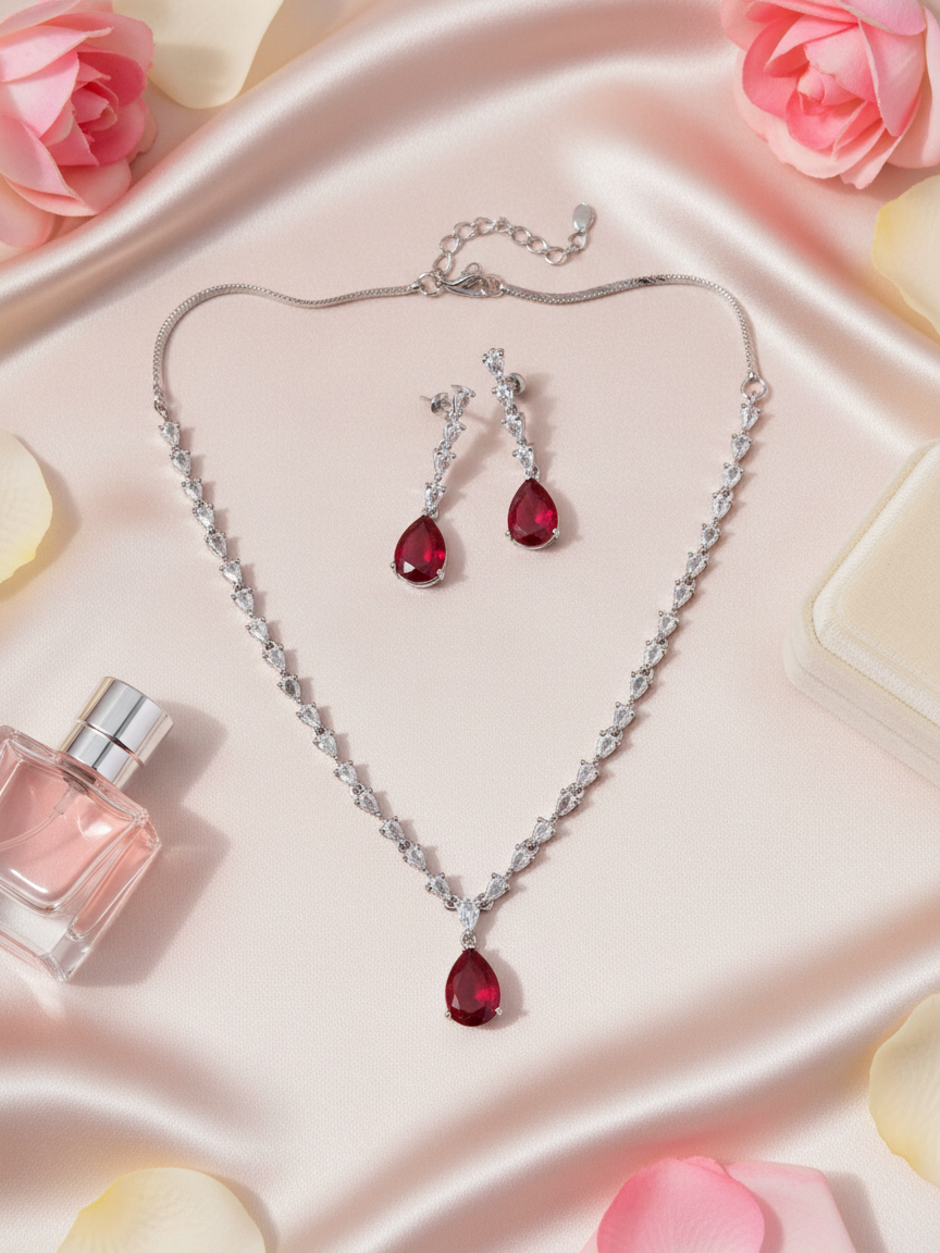 Ruby Teardrop Crystal Necklace & Earrings Set