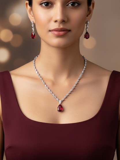 Ruby Teardrop Crystal Necklace & Earrings Set
