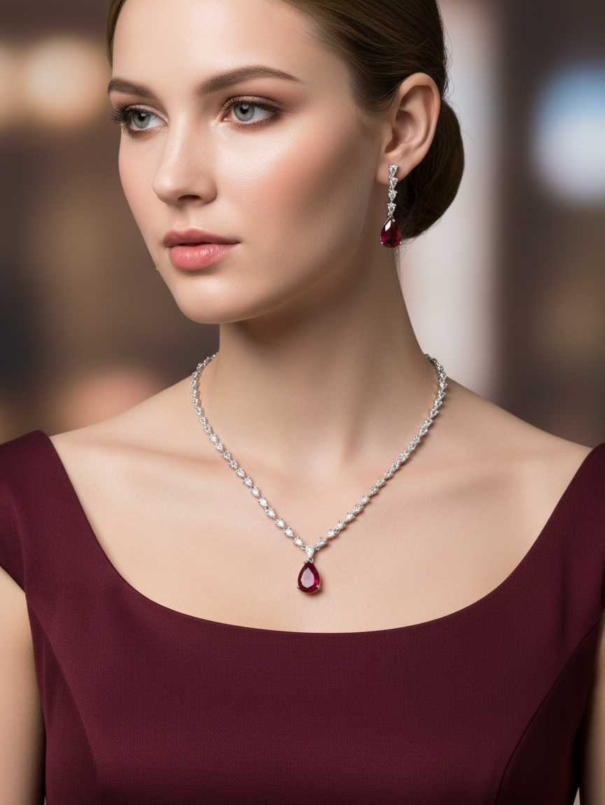 Ruby Teardrop Crystal Necklace & Earrings Set