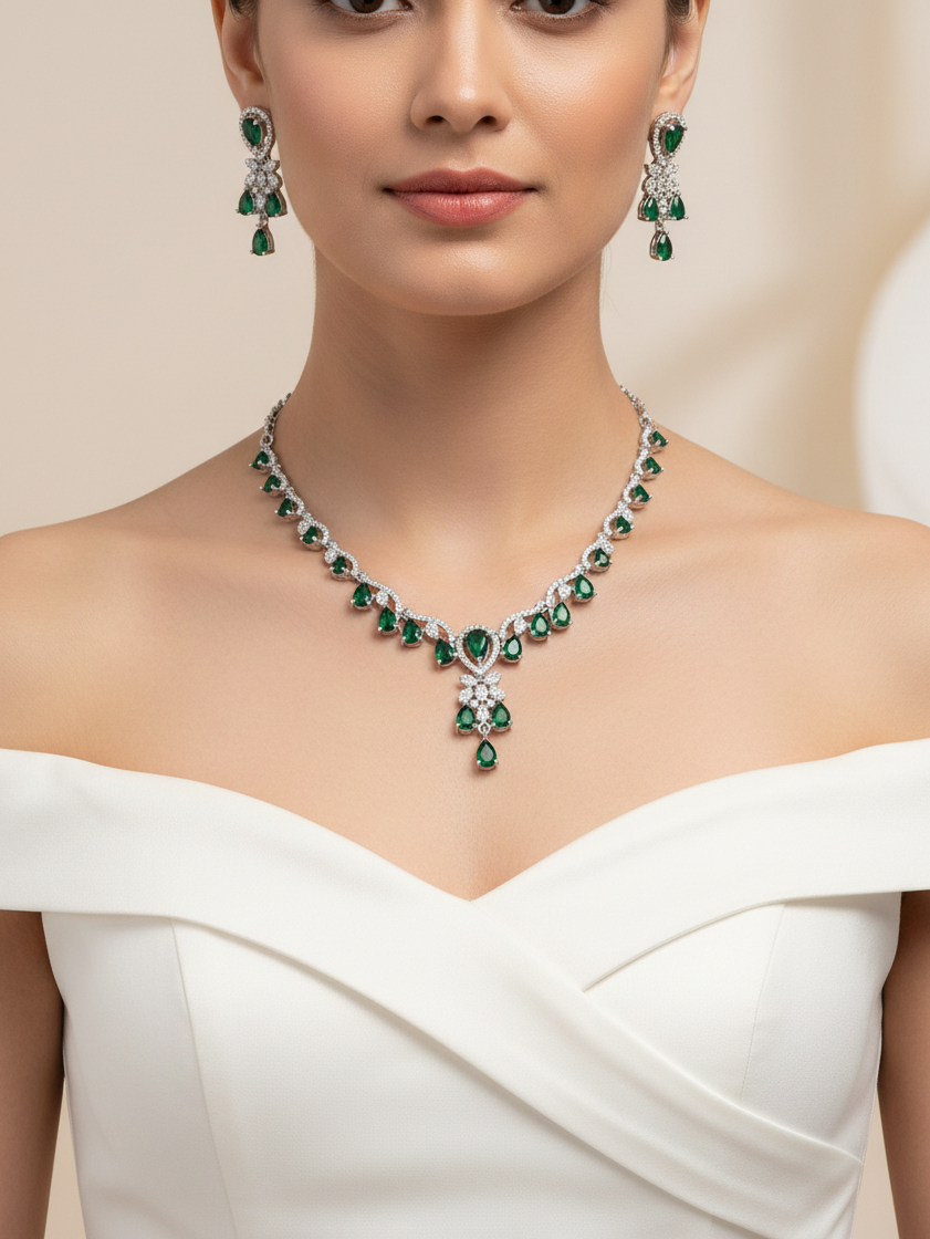 Emerald Majesty Necklace & Earrings Set
