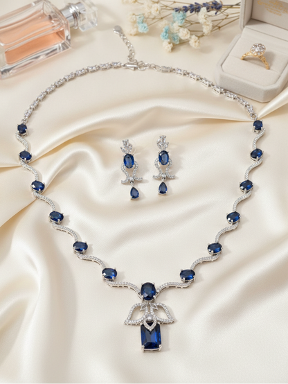Sapphire Wave Necklace & Earrings Set