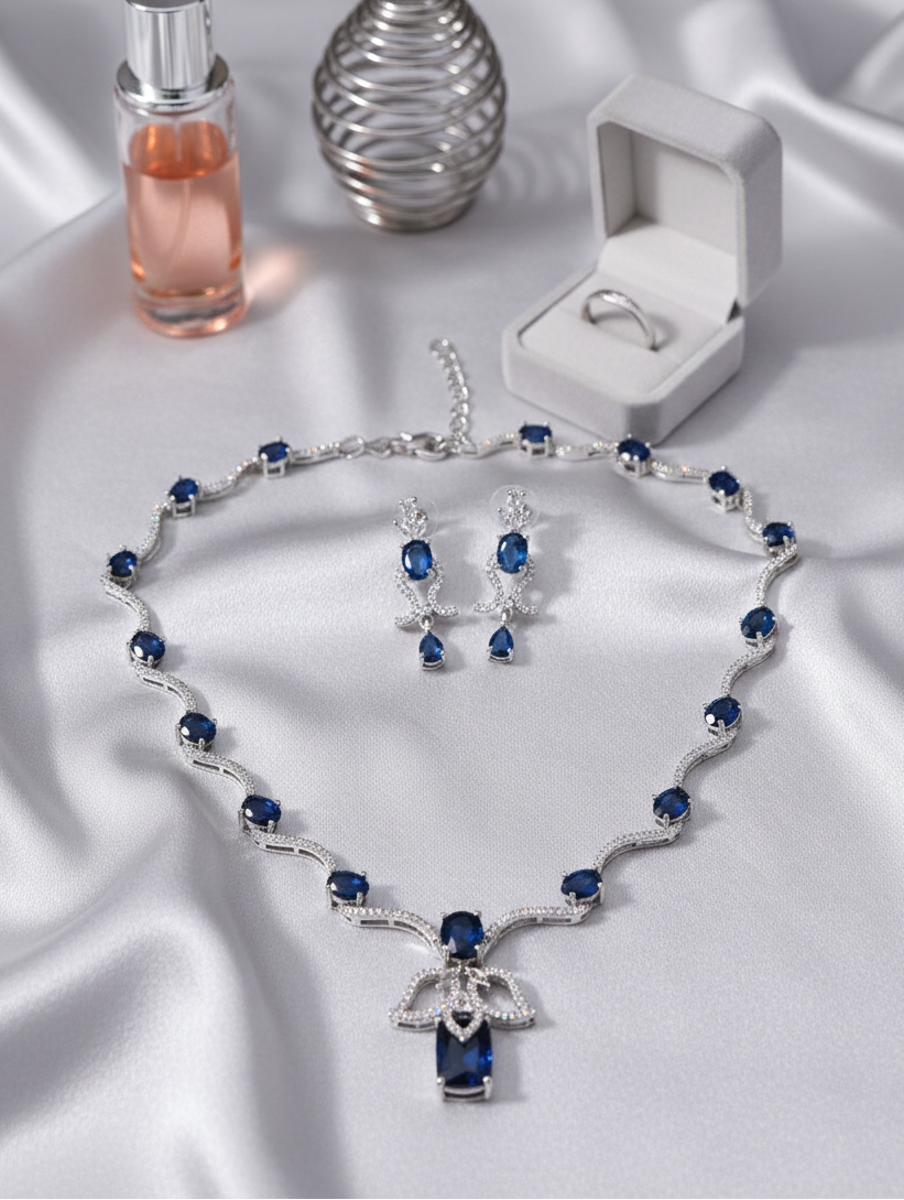Sapphire Wave Necklace & Earrings Set