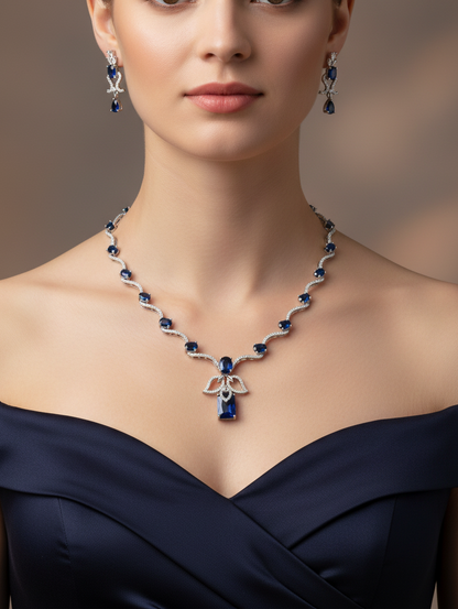 Sapphire Wave Necklace & Earrings Set