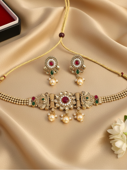 Pearl Medallion Choker Necklace & Earrings Set