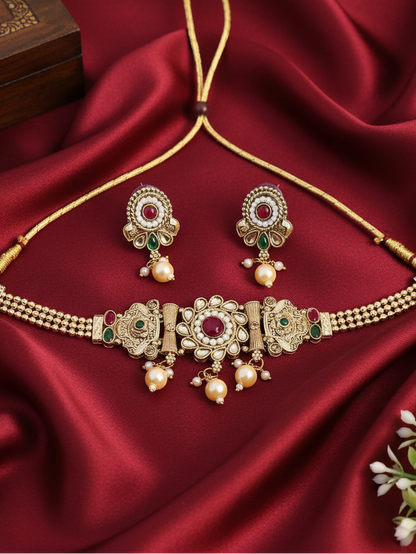 Pearl Medallion Choker Necklace & Earrings Set