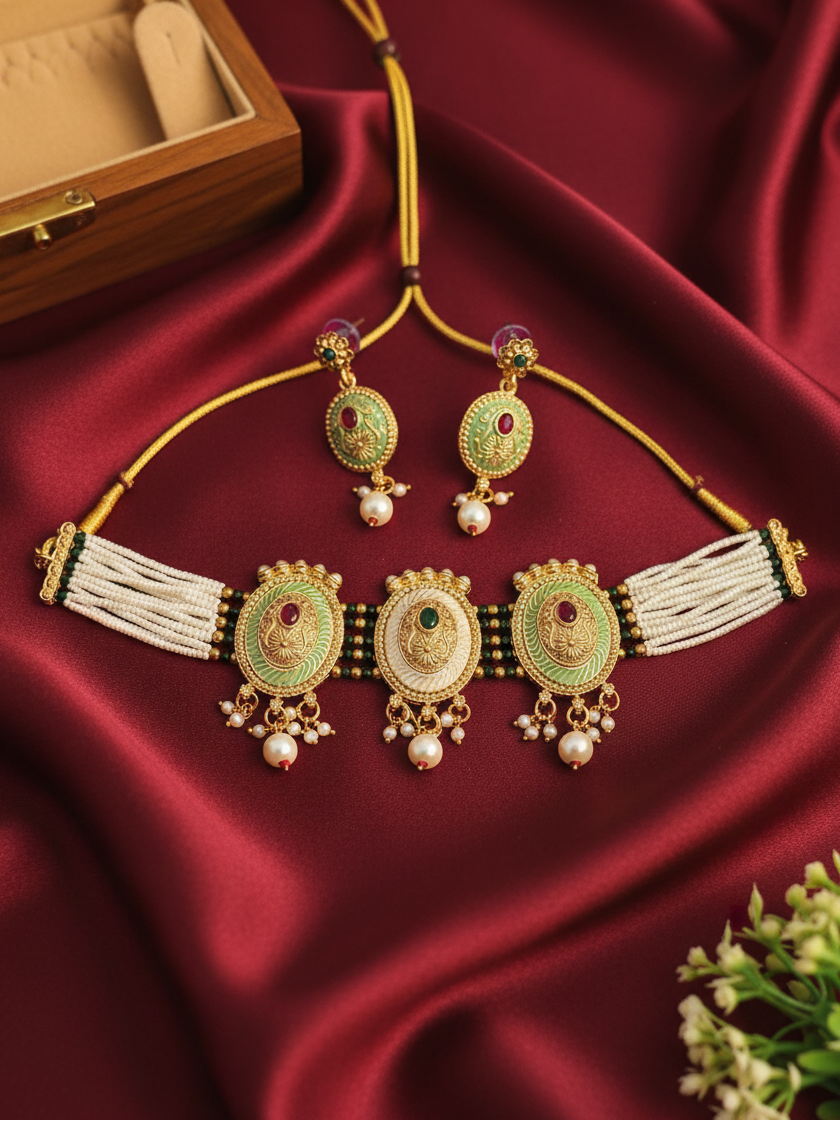 Pearl Strand Medallion Choker Necklace & Earrings Set